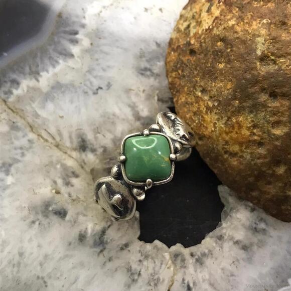 Jody Naranjo Sterling Diamond Shape Green Turquoise Petroglyph Ring Size 9 - Picture 2 of 10